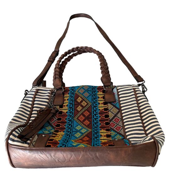 MMS Aztec & Stripe Print Satchel Tote w/Fringes Purse Handbag Removable Strap - Picture 3 of 16